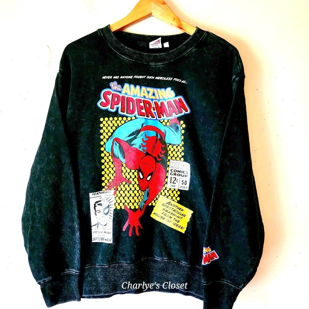 Marvel Spider-Man Black Acid Wash Comic Graphic Sweatshirt‎ M Superhero Grunge